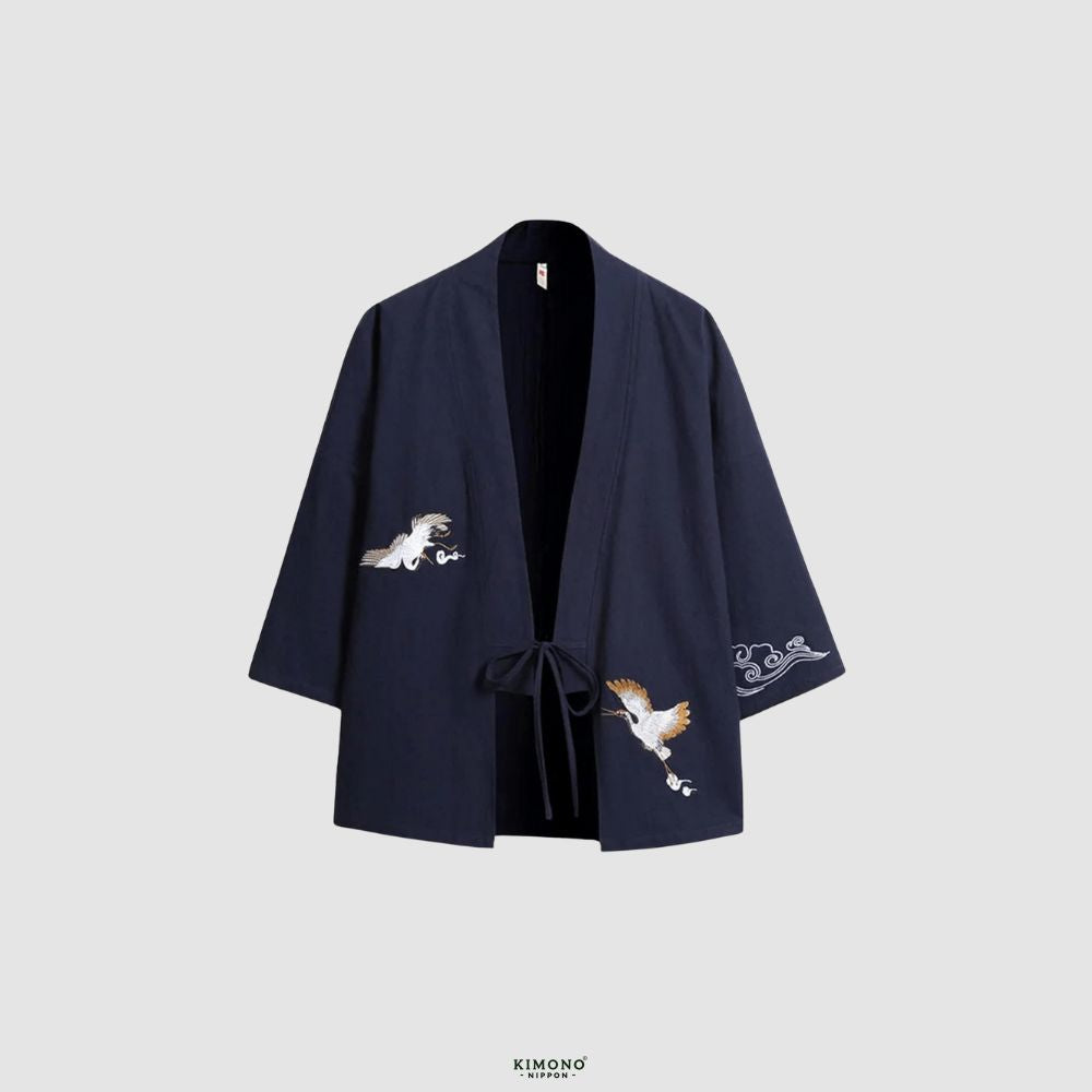 Veste Kimono Bleu Marine en Lin | Danse des Grues