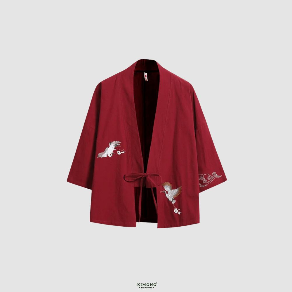 Veste kimono rouge en lin | Danse des grues