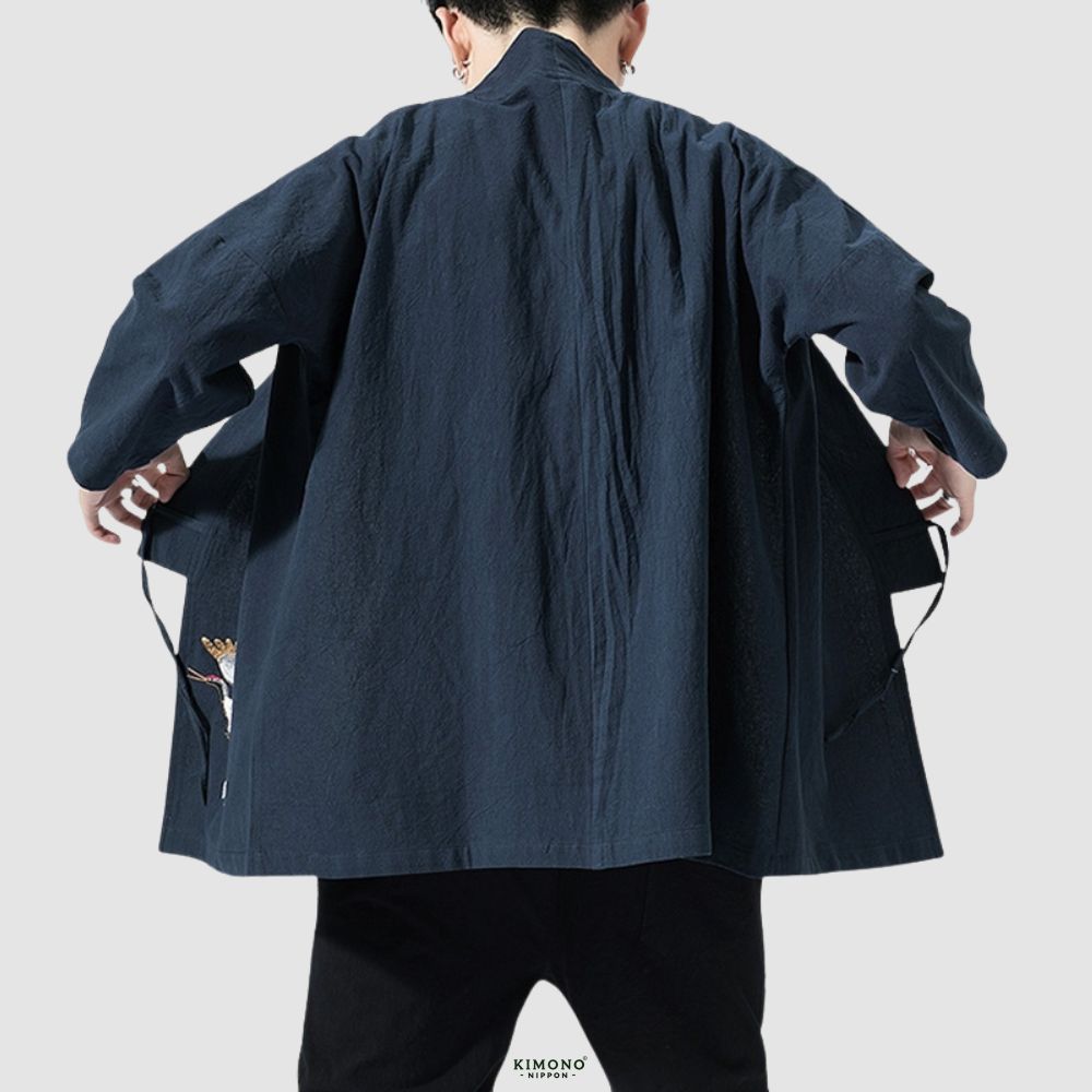 Veste Kimono Bleu Marine en Lin | Danse des Grues