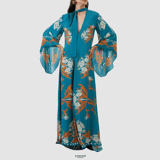 Robe kimono réversible | Turquoise Fleuri