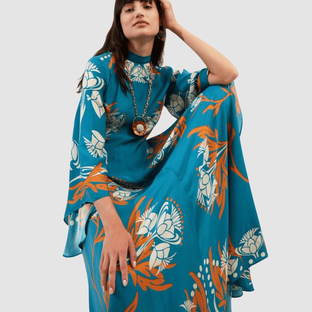 Robe kimono réversible | Turquoise Fleuri