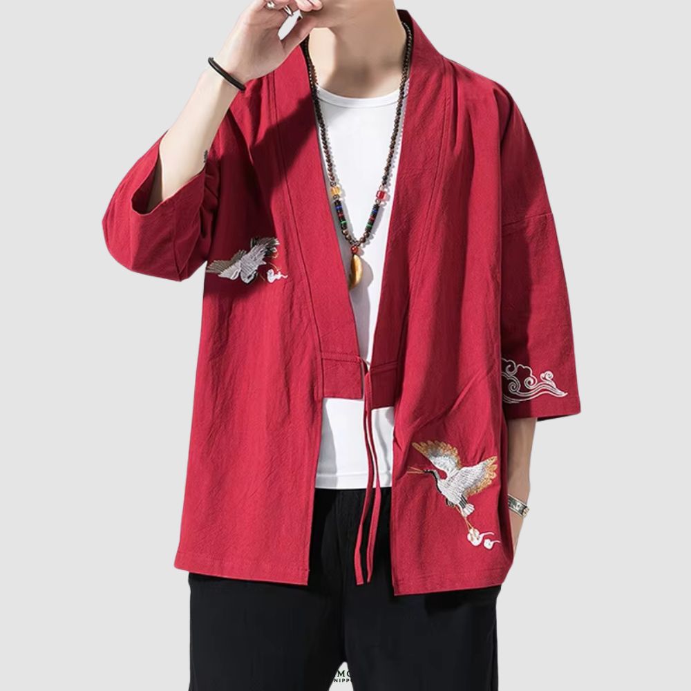 Veste kimono rouge en lin | Danse des grues