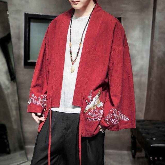 Cardigan Kimono Coton Homme Large Rouge / M