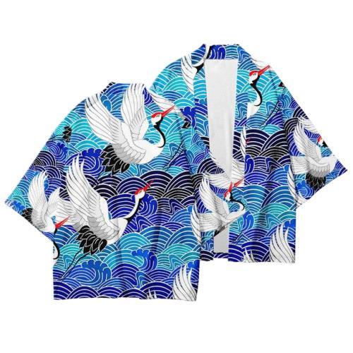 Haori Kimono Motif Grue Mer Bleu / XXS