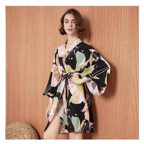 Kimono Court Femme - Tropical Noir / L