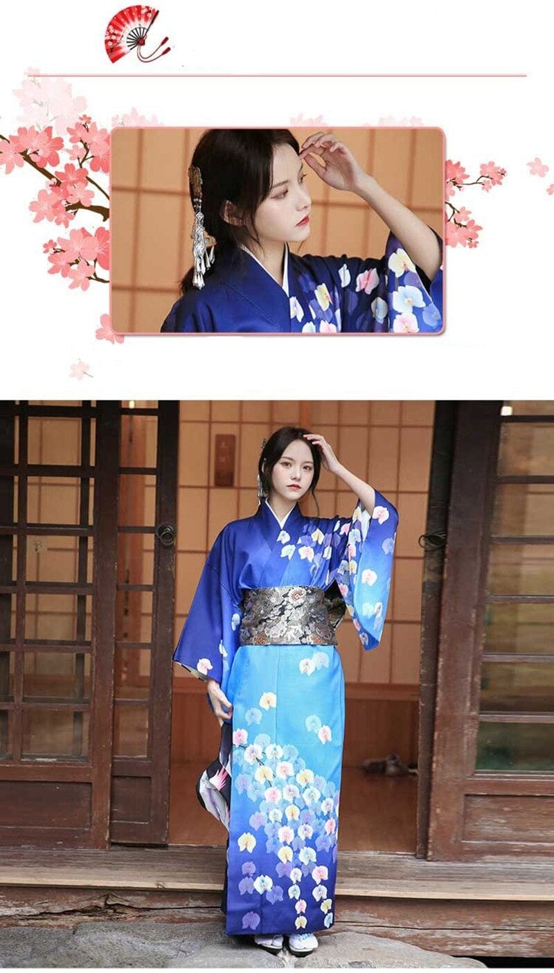 Kimono Femme Traditionnel Bleu & Fleuri Bleu / Taille unique