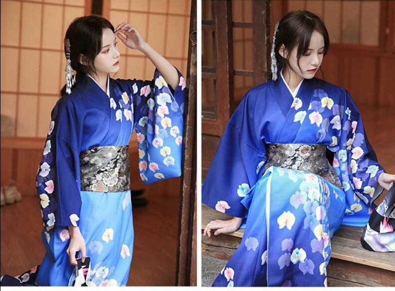 Kimono Femme Traditionnel Bleu & Fleuri Bleu / Taille unique