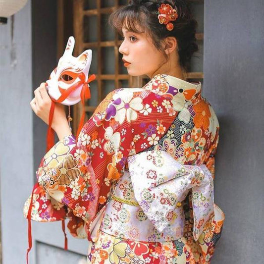 Kimono Femme Traditionnel Rouge & Fleuri