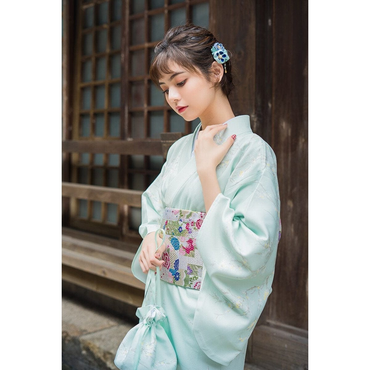 Kimono Fleuri Femme Bleu