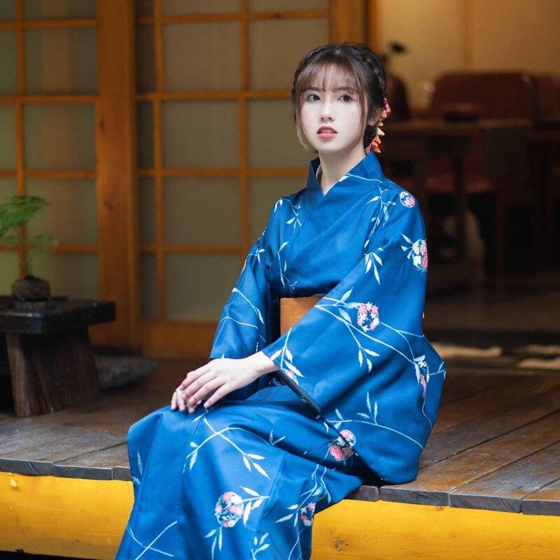 Kimono Japonais Manche Longue Femme Bleu / One Size