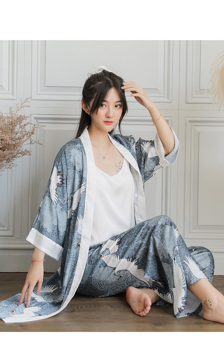 Pyjama Traditionnel Japonais Femme Soie Oiseau Grues / Taille Unique