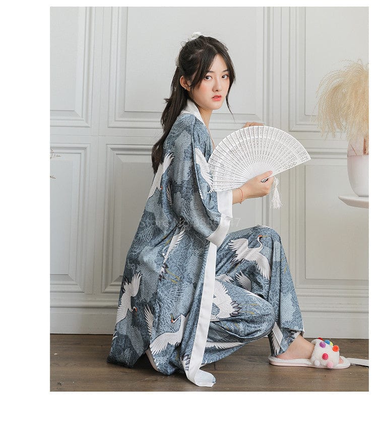 Pyjama Traditionnel Japonais Femme Soie Oiseau Grues / Taille Unique