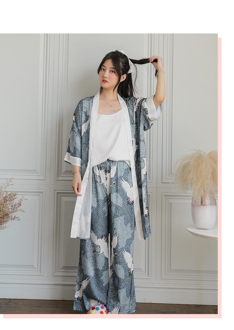 Pyjama Traditionnel Japonais Femme Soie Oiseau Grues / Taille Unique