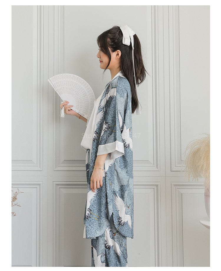 Pyjama Traditionnel Japonais Femme Soie Oiseau Grues / Taille Unique