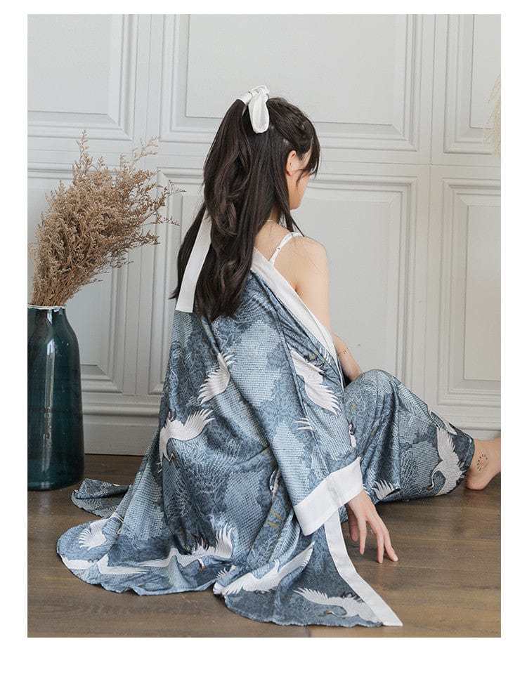 Pyjama Traditionnel Japonais Femme Soie Oiseau Grues / Taille Unique