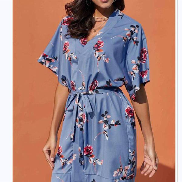 Robe Kimono Florale Bleue