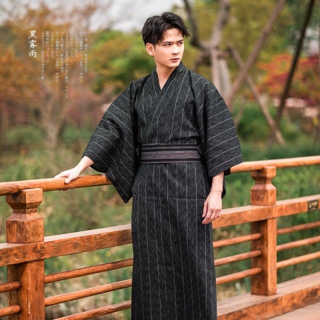 Yukata Homme Japonais Noir Rayé Noir / M