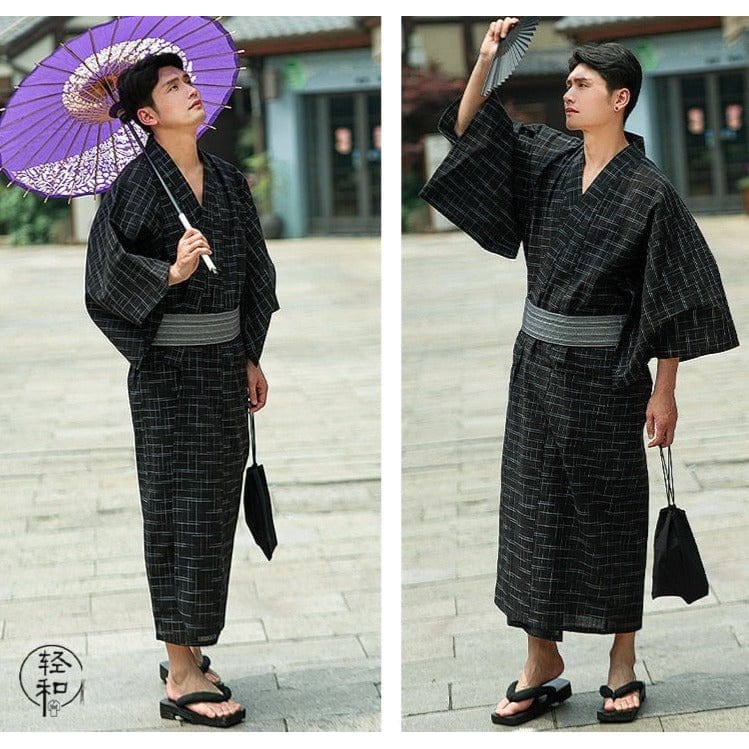 Yukata Homme Traditionnel Noir à Carreaux